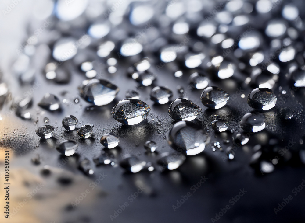 Aufkleber close-up view of numerous water droplets on a dark, reflective surface. the droplets vary in size an