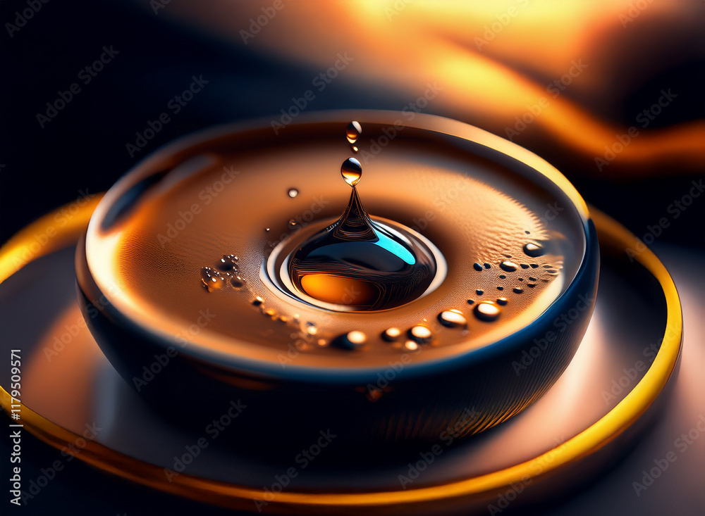 Aufkleber A drop of liquid impacts a dark, metallic surface, creating a mesmerizing ripple effect with vibrant highlights and tiny droplets.  The scene is lit dramatically, emphasizing the liquid's reflective q