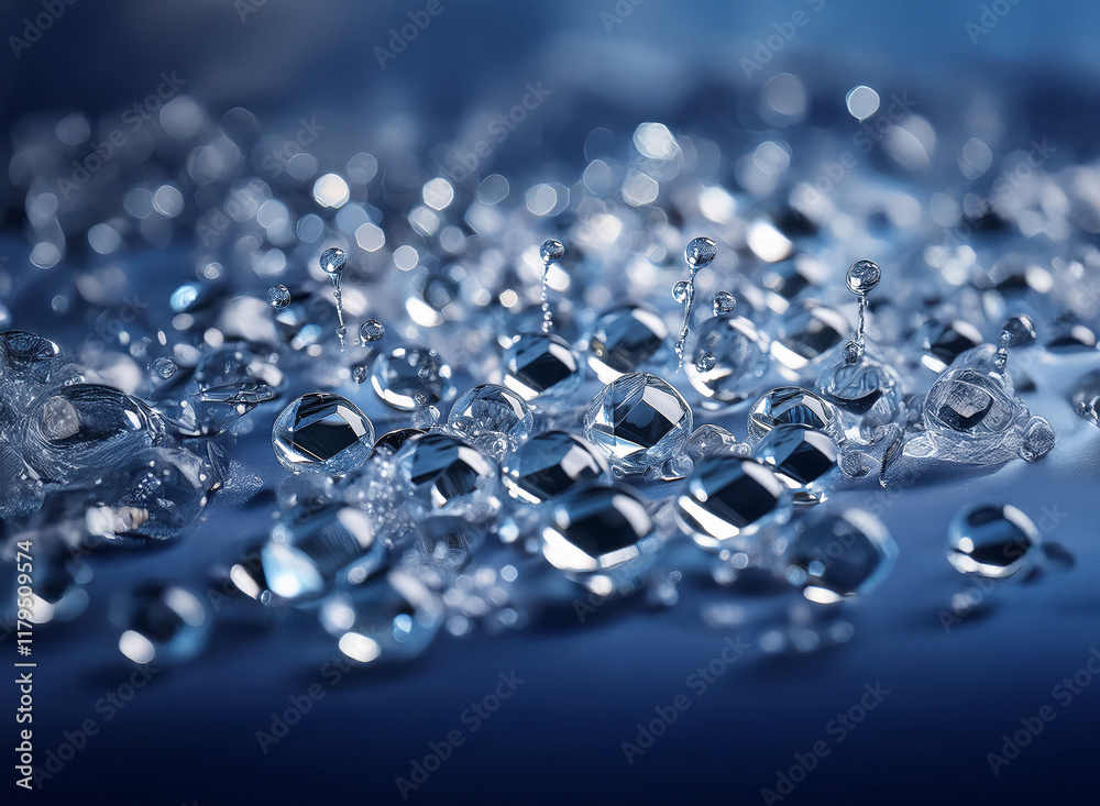 Poster close-up of numerous glistening, translucent spheres on a dark blue surface. the droplets vary in si