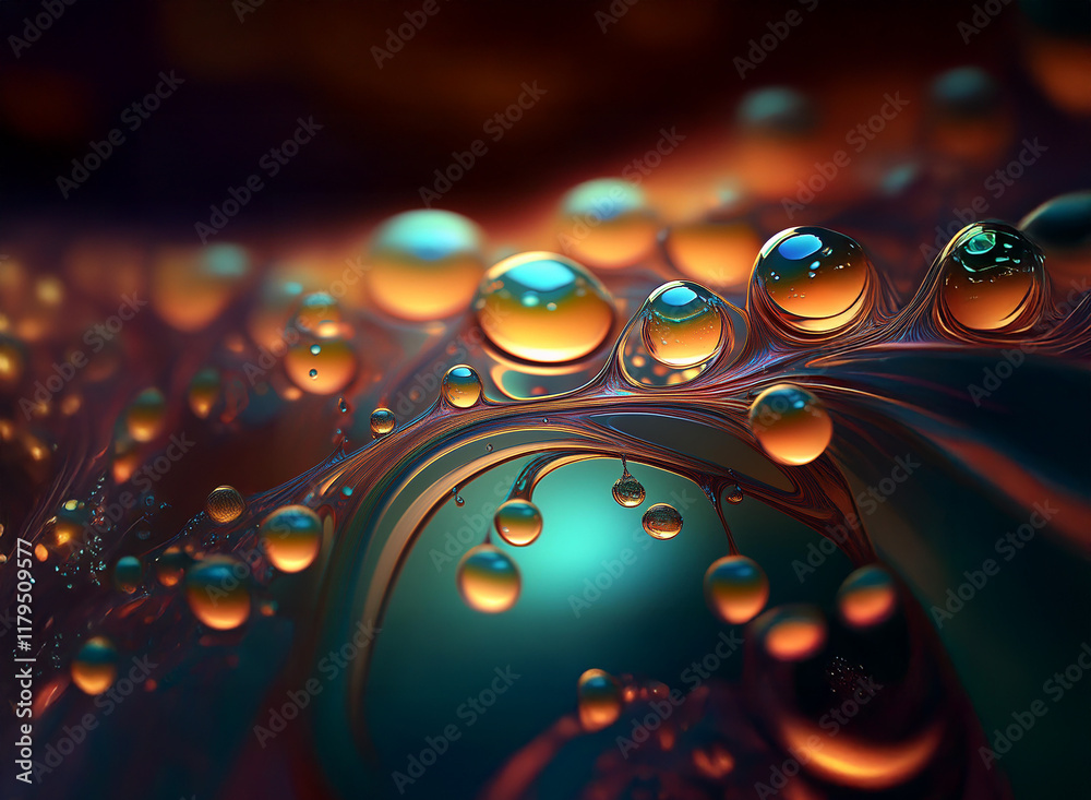 Poster intricate swirls of vibrant orange and teal liquids create a mesmerizing abstract landscape of glist