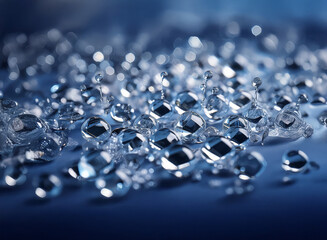 Close-up of numerous glistening, translucent spheres on a dark blue surface.  The droplets vary in size and create a mesmerizing, abstract pattern.  The lighting enhances their reflective qualities.