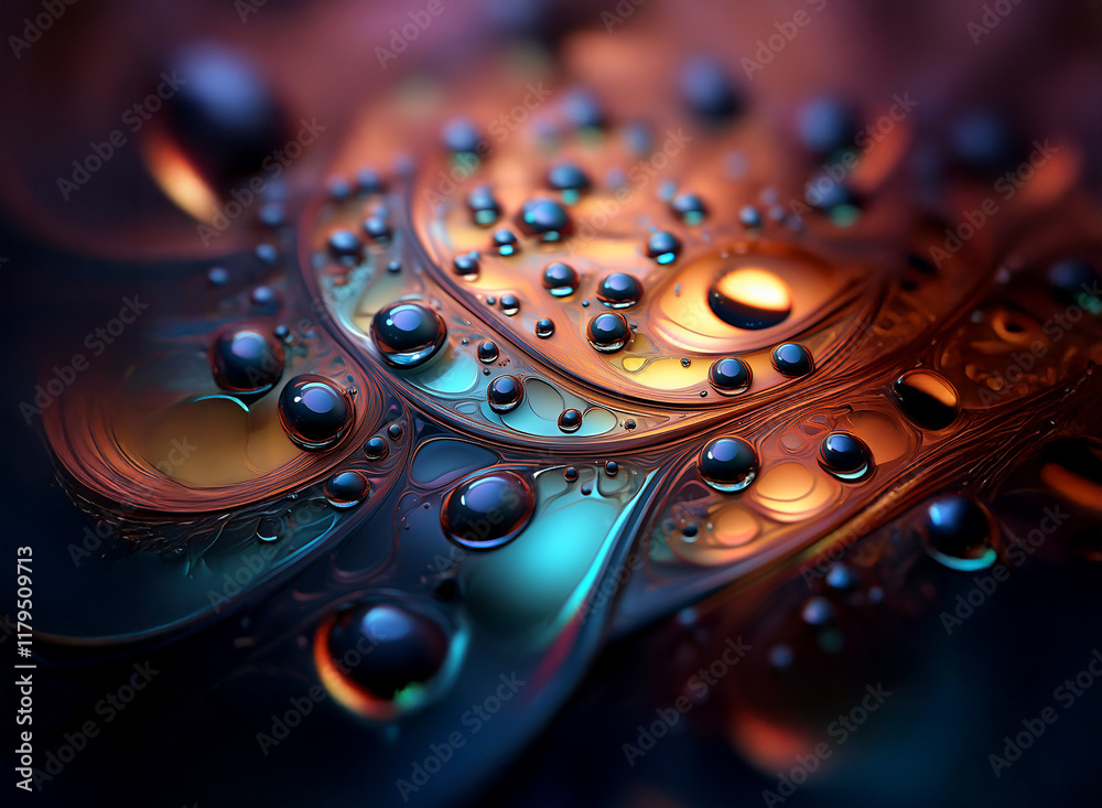Aufkleber Intricate, abstract artwork featuring iridescent water droplets on a patterned surface.  Warm oranges and cool blues create a striking contrast.  The image boasts a high level of detail and depth.