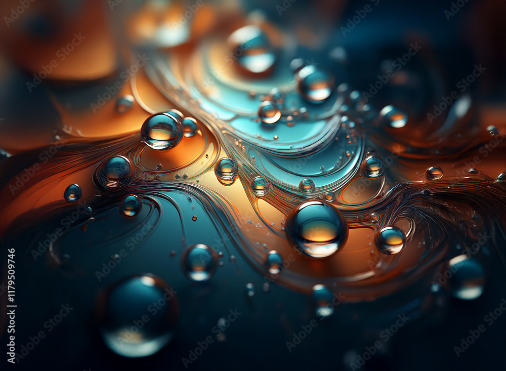 Poster abstract close-up of swirling, iridescent liquids with suspended droplets. the interplay of light cr