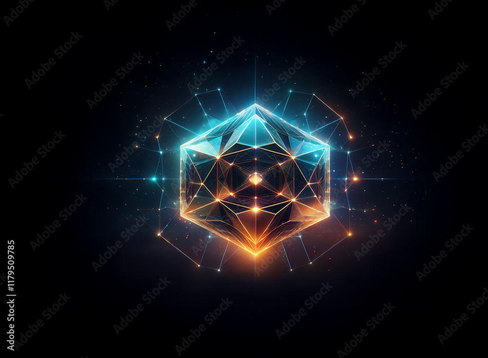 Leinwandbilder a mesmerizing, glowing geometric solid floats in a dark void, connected by shimmering lines of light