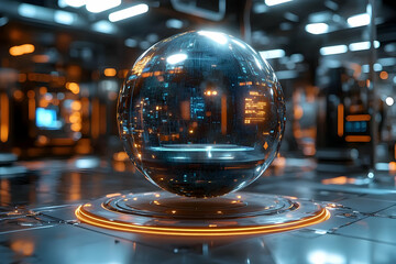 Futuristic Holographic Sphere Displaying Digital Data in a Technological Environment