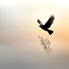 Obraz premium Clear morning sky with a lone bird flying, focus on freedom, copy space, surreal, silhouette, open plain backdrop 