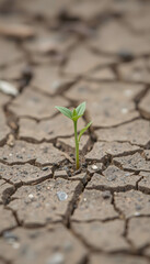 Sprout plant growing on very dry cracked earth, enhance, with white tones