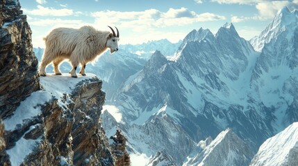 A mountain goat precariously balanced on a narrow, icy ledge high in the mountains.