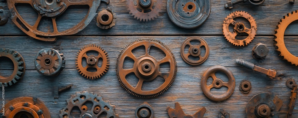 Aufkleber rusty gears and cogwheels resting on wooden table