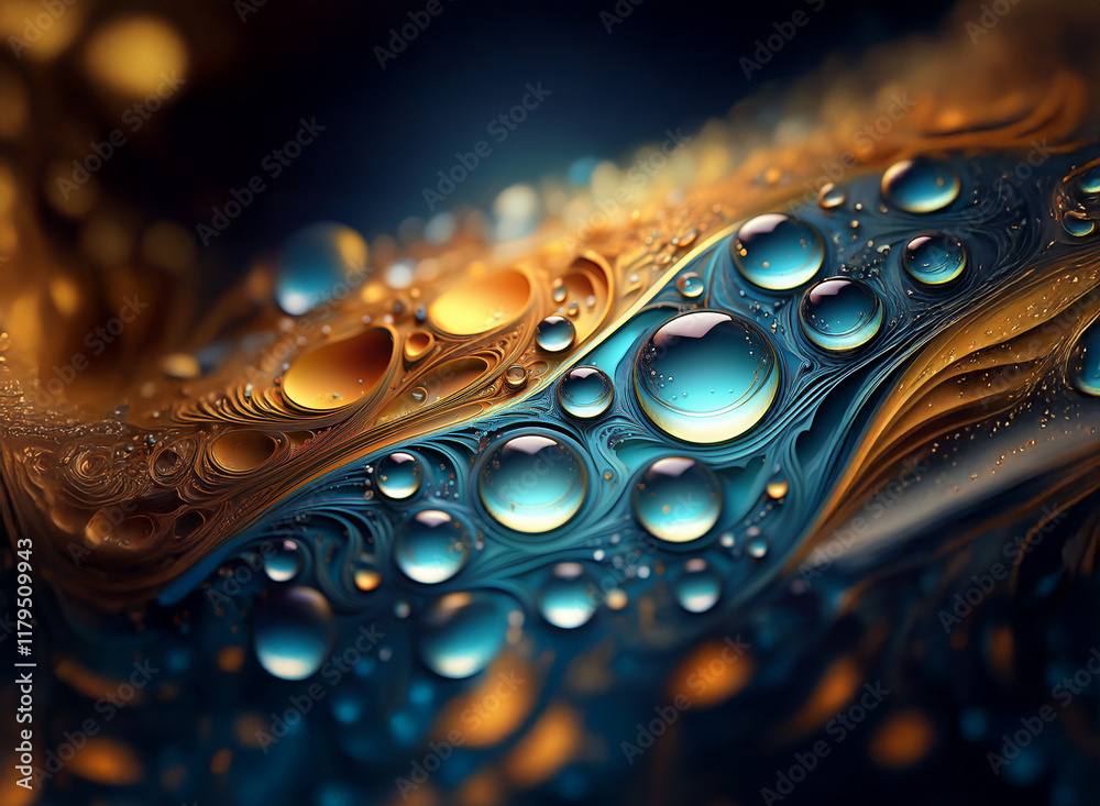 Aufkleber Intricate, swirling patterns of gold and blue are adorned with glistening water droplets, creating a mesmerizing abstract image.  The interplay of light and shadow enhances the three-dimensional effec
