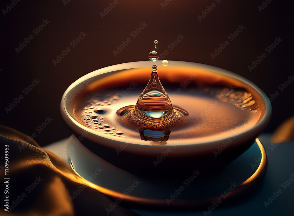 Poster a droplet of liquid impacts a shallow bowl of amber liquid, creating a captivating crown splash. the