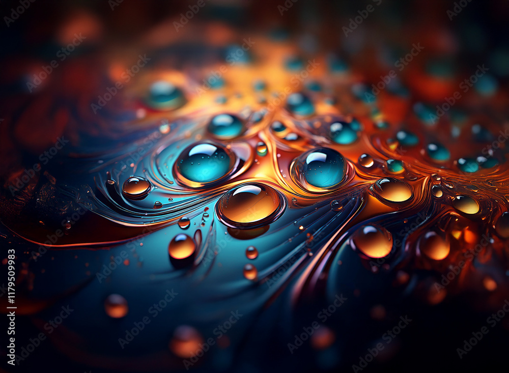 Aufkleber close-up view of vibrant, iridescent water droplets resting on a swirling, abstract surface. the col