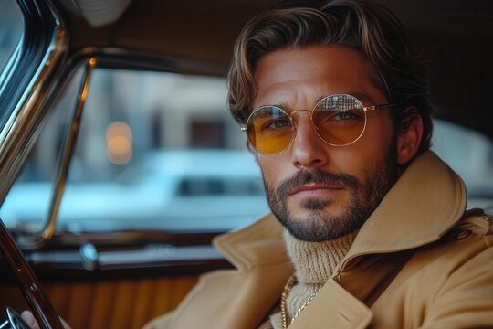 elegant fashion influencer in designer trench coat and vintage sunglasses posing in classic luxury car interior with rich leather details