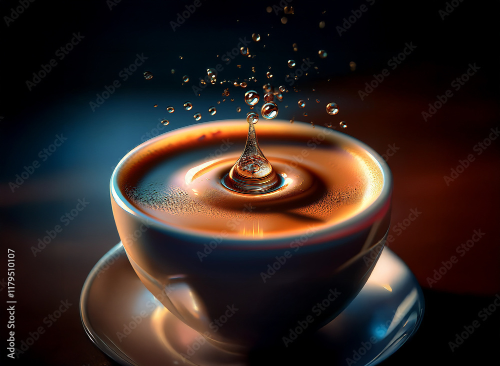 Poster A single drop of liquid falls into a cup of coffee, creating a ripple effect and splashing droplets.  The scene is dramatically lit, highlighting the textures and reflections.