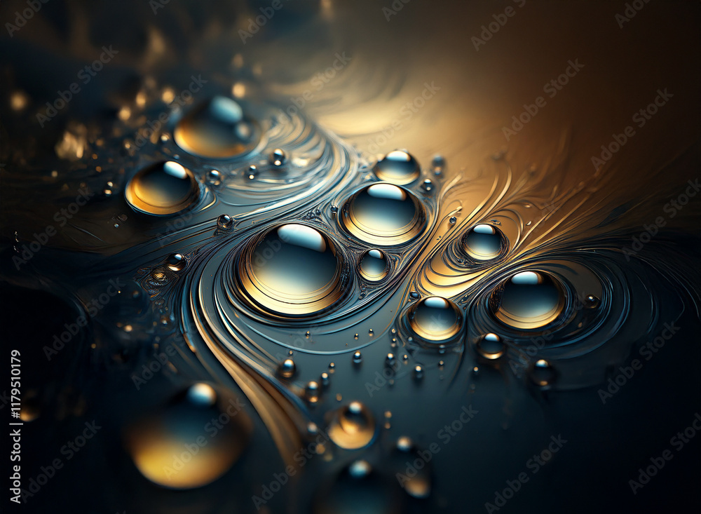 Poster Intricate, swirling patterns in deep blues and golds are adorned with glistening water droplets, creating a mesmerizing abstract image. The interplay of light and shadow enhances the three-dimensional