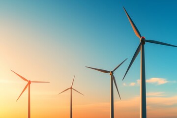 Fototapeta premium A captivating image of three wind turbines silhouetted against a vivid sunset sky, blending warm orange and soft blue tones.