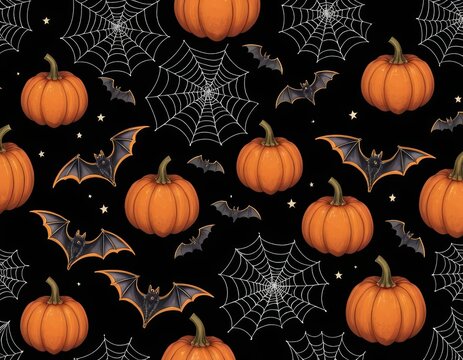 Halloween Pumpkin and Bat Seamless Pattern: Spooky Autumn Design for Festive Backgrounds