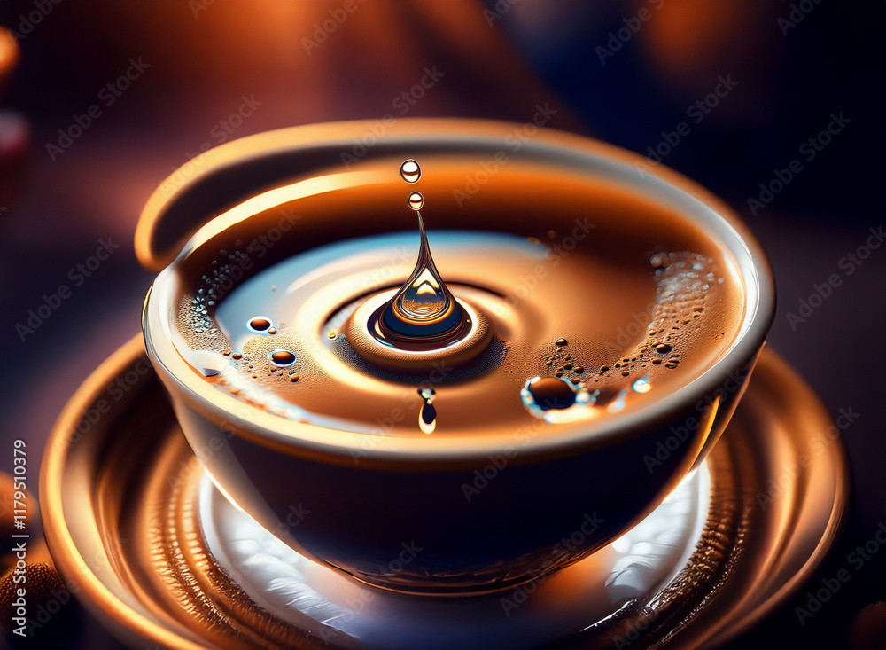 Aufkleber a single drop of liquid creates mesmerizing ripples in a shallow bowl, illuminated by warm, golden l
