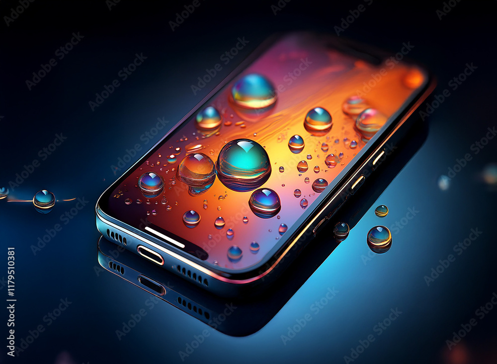 Aufkleber a smartphone rests on a reflective surface, adorned with vibrant water droplets creating an abstract