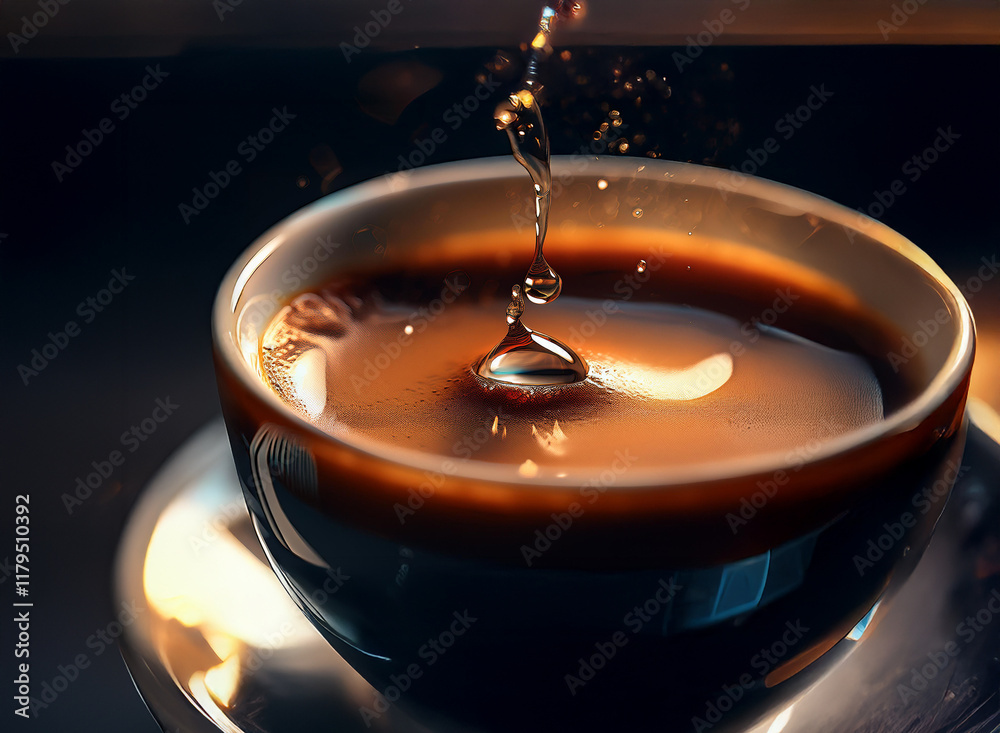 Poster Dark, rich coffee pouring into a cup, creating a mesmerizing splash and ripple effect. The warm lighting highlights the liquid's texture and the smooth curve of the cup.