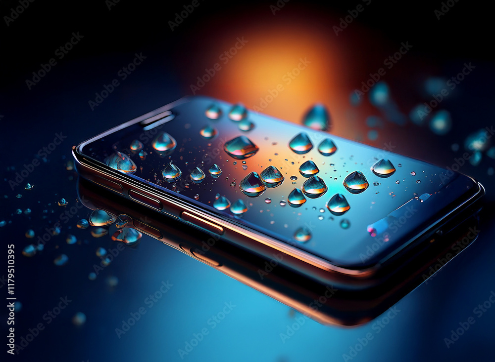 Aufkleber a sleek smartphone rests on a reflective surface, adorned with water droplets. the warm background l