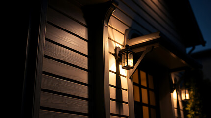 Exterior of House at Night with Wall-Mounted Lantern