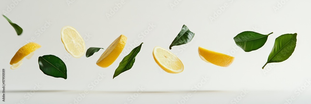 Poster fresh lemon slices and vibrant green leaves levitating against a minimalist white background create 