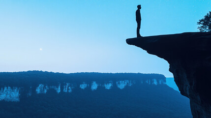 Silhouette person cliff edge night view.