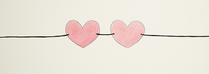 Cute Cartoon Style Connected Pink Hearts Clip Art, Simple Line Drawing on White Background, Minimalist Illustration for Children's Books and Decor.