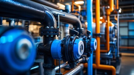 Industrial pipes and valves connecting in complex network within a facility