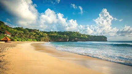 Tropical beach sunrise, ocean waves, cliff,  palm trees, idyllic vacation scene.