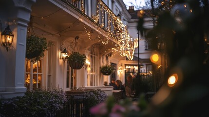 Charming outdoor cafe decorated with warm lights and plants. A cozy ambiance for evenings and gatherings. Perfect spot for relaxation.