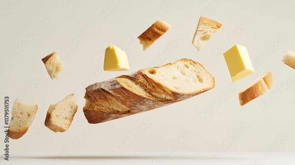 Poster Half a baguette accompanied by numerous slices of bread and two portions of butter floating gracefully against a beige background, forming a visually appealing food composition