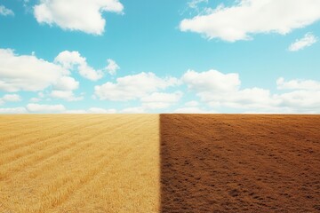 The sky is blue and the clouds are white. The grass is brown and yellow. The sky is very clear and the clouds are scattered