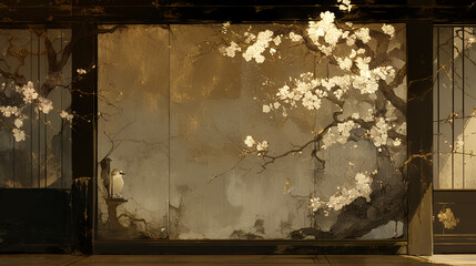 Obraz premium Japan, Japanese pattern, art, folding screen picture, gold, wabi, rust, Japanese spirit, Japanese painting, ink painting, ink painting, classic, ancient art, nightingale, bird, plant, vase, flower, 