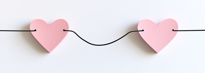 Cute Cartoon Style Connected Pink Hearts Clip Art, Simple Line Drawing on White Background, Minimalist Illustration for Children's Books and Decor.