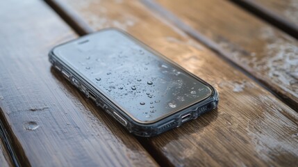 Waterproof Smartphone Case Outdoor Wooden Table Rain Drops