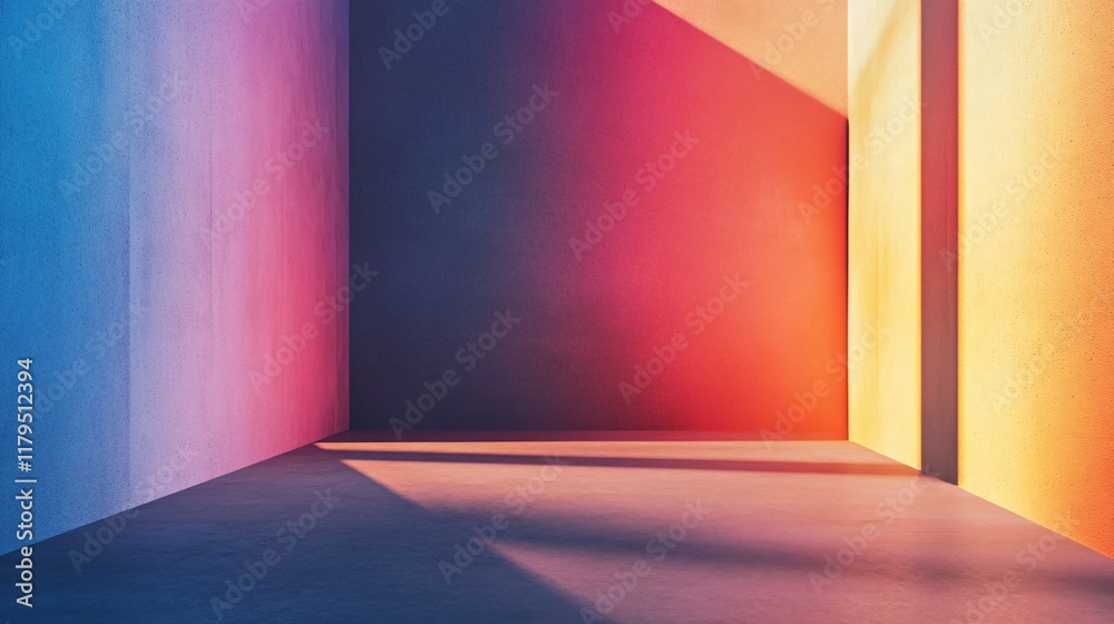 Aufkleber empty room with colorful walls and concrete floor illuminated by sunlight