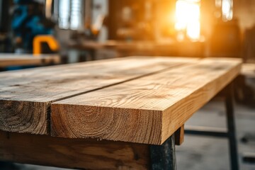 Rustic Wooden Tabletop in Workshop - Craftsmanship, natural wood, texture, sunlight, carpentry.  Symbolises skill, creation, warmth, nature, and industry.