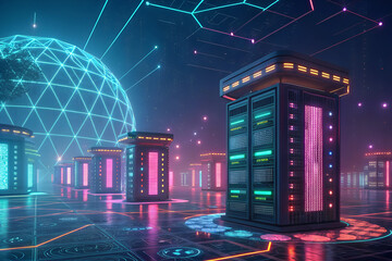 Virtual cyber world with interconnected glowing data hubs and geometric structures. Generated Ai