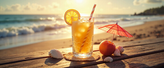 Refreshing peach lemonade with straw on beachside table, summer vibes