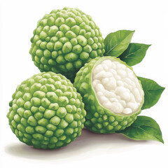 Fototapeta premium watercolor Green custard apples with leaves, one cut open to reveal white flesh isolated design on white background