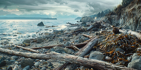 Coastal Beach with Driftwood and Rocky Shore