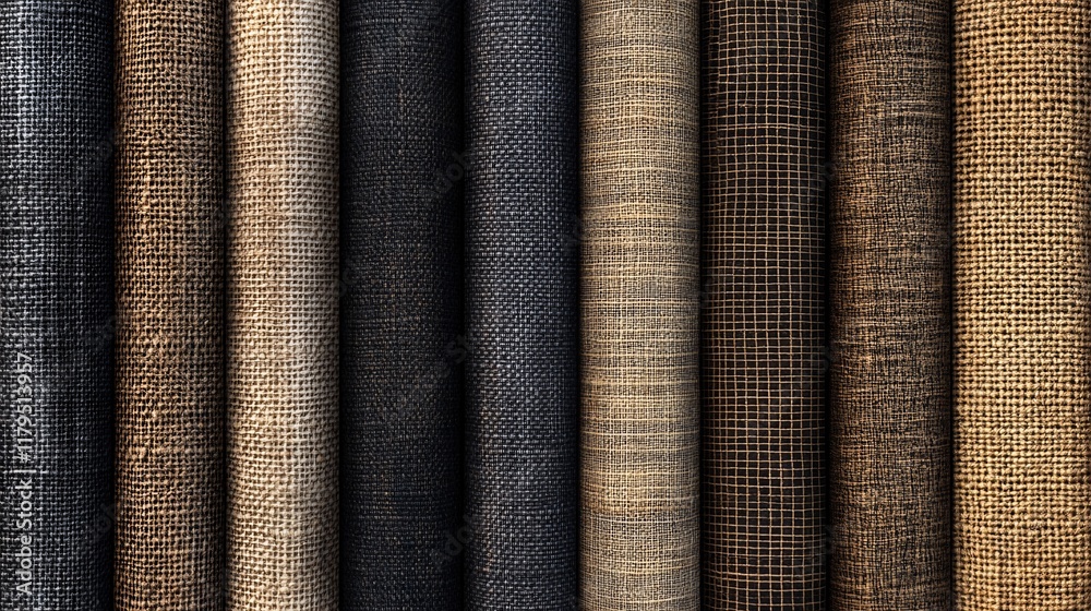 Poster Rolls of upholstery fabric samples in various textures and colors creating a textured background
