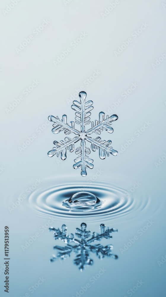 Poster transparent snowflake is melting on rippling water surface creating concentric circles and beautiful