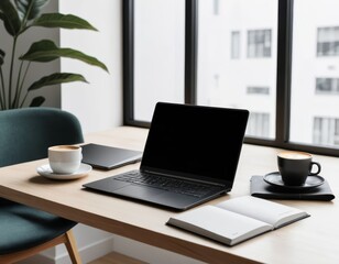 Fototapeta premium Modern Workspace: Laptop, Coffee, and Notebook on Desk by Window