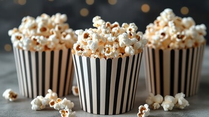 Three striped cups overflowing with fluffy popcorn kernels on a gray surface.
