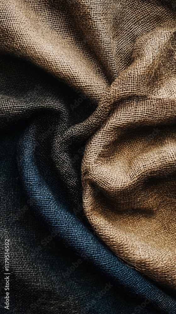 Poster crumpled burlap fabric showing texture in warm and cool tones