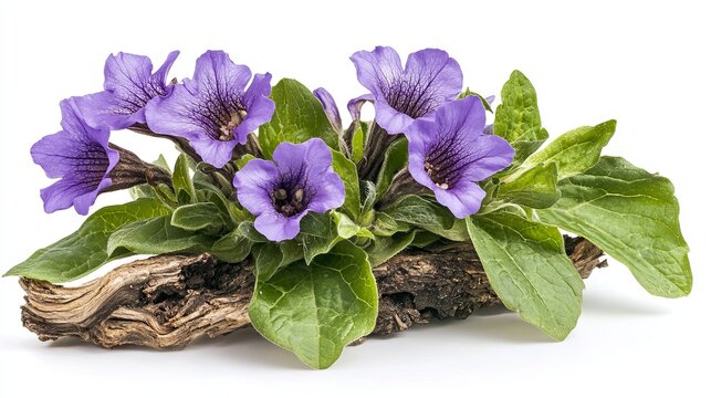 Mandragora officinarum with purple flowers, isolated against a white background