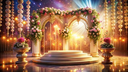 Fototapeta premium Elegant Empty Podium 3D Render Wedding Backdrop: Classic Decoration Double Exposure